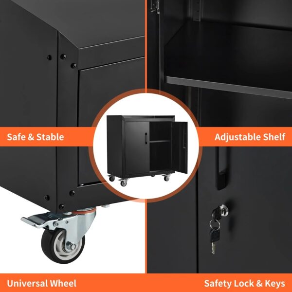 Garage Storage Cabinet with Wheels, 2 Door Tool Cabinet with Adjustable Shelves, Metal Lockable Tool Cabinet, Rolling Tool Chest for Home, 34 H x...