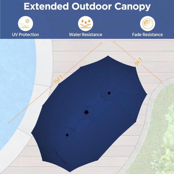 15 ft Large Patio Umbrella with Solar Lights Double-Sided Outdoor Rectangle Market Umbrellas with 36 LED Lights/Base Included/Easy Crank for Patio...