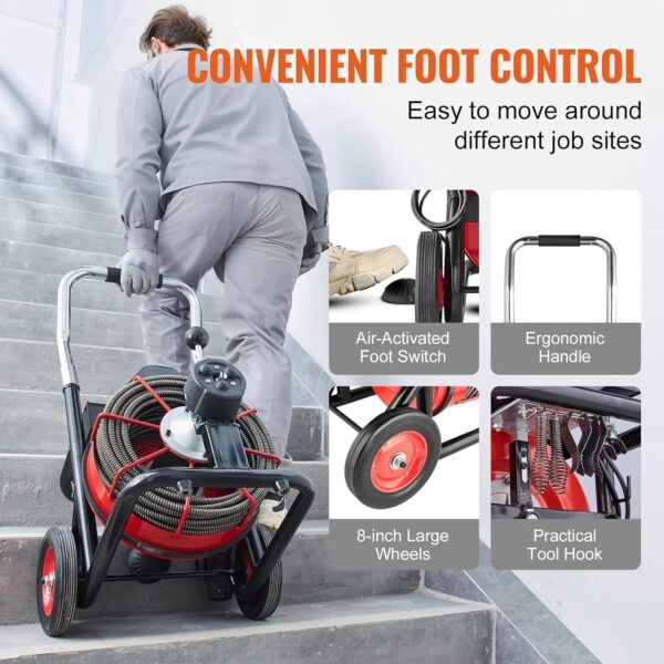 Drain Cleaner Machine 100FT x 1/2 Inch, Auto Feed Sewer Snake Auger on Wheels, 550W Portable Drain Cleaning Machine with 8 Cutters & Air-activated...