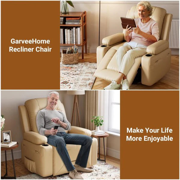 PU Leather Power Lift Recliner Chair With Massage and Heat, Adjustable Furniture for Back, Legs w/ 3 Positions, Usb Port, Side Pocket (Beige, 27...