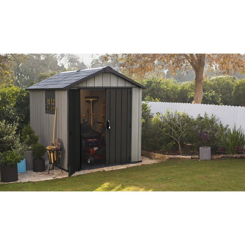 3781cb1188e69d2e6df628acb6d3dcd80327661df48707a672aca72132723f1b Oakland 7 x 7 FT Rustic Worn Wooden Texture Storage Shed with High Ceiling And Victorian Window