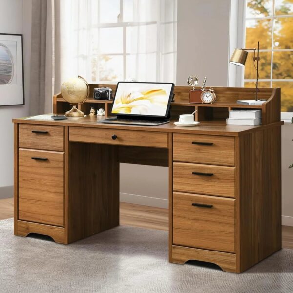 Executive Desk with Drawers, 58 Inch Desk with Storage, Wood Executive Desk with 6 Drawers, Study Desk for Bedroom, Business Furniture Desk with...