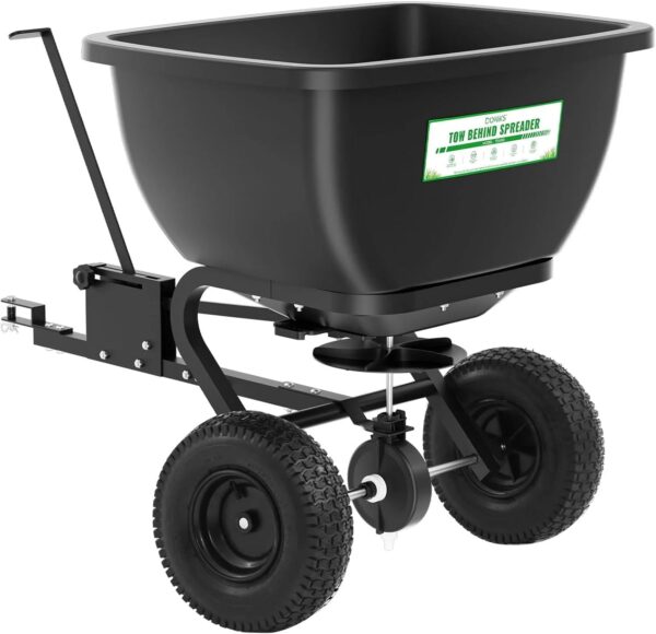 Tow Behind Broadcast Spreader, 200 LB Capacity,Fertilizer Spreader Holds up to 550 lbs with 13" Pneumatic Tires and Adjustable Flow Control...