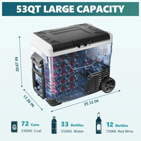 12 Volt Refrigerator, 53QT(50L) Electric Cooler, Portable Freezer 12V/24V DC 110-240V AC, 12V Fridge -4 ~68 , 12V Cooler with Wheels & 2 Baskets...