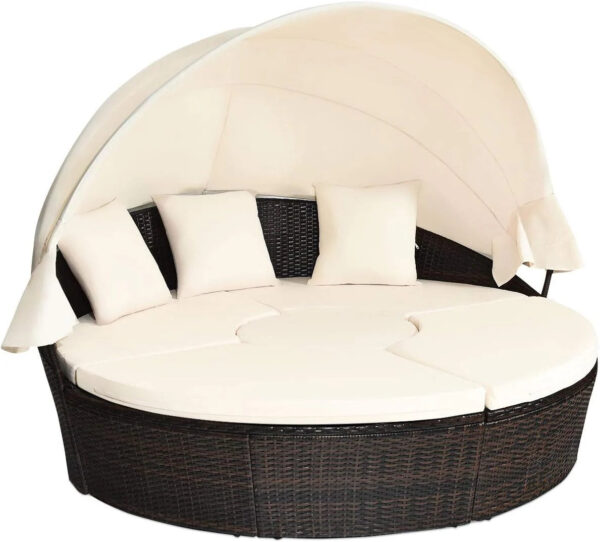 Outdoor daybed, rattan round daybed with sunshade canopy, patio set with cushions and adjustable coffee table, rattan patio furniture, suitable...