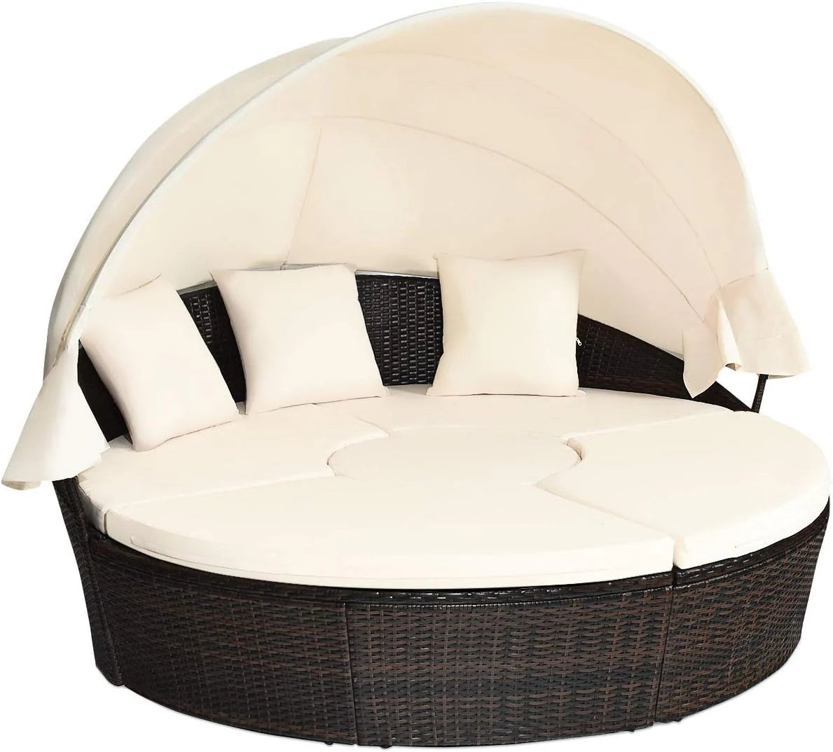 Outdoor daybed, rattan round daybed with sunshade canopy, patio set with cushions and adjustable coffee table, rattan patio furniture, suitable...