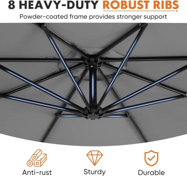 9.8FT Offset Patio Umbrella Hanging Cantilever Umbrella Outdoor Sun Shade with Easy Tilt Adjustment, 8 Ribs, UV Protection for Backyard, Lawn,...