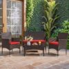 4 Pieces Patio Rattan Chair Wicker, Outdoor Indoor Use Backyard Porch Garden Poolside Balcony Furniture Sets (Red)