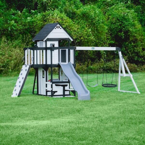 Backyard Discovery Canyon Creek Cedar Wood Swing Set with Wave Slide, Clubhouse, Play Kitchen, Picnic Area, Belt Swings, Web Swing, Rock Wall,...