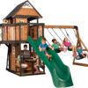 Backyard Discovery Canyon Creek Cedar Wood Swing Set with Wave Slide, Clubhouse, Play Kitchen, Picnic Area, Belt Swings, Web Swing, Rock Wall,...