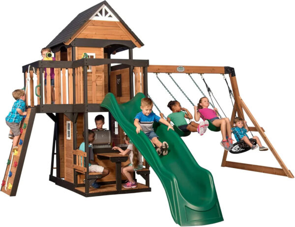Backyard Discovery Canyon Creek Cedar Wood Swing Set with Wave Slide, Clubhouse, Play Kitchen, Picnic Area, Belt Swings, Web Swing, Rock Wall,...