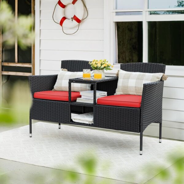 Flamaker Outdoor Furniture Patio Loveseat Wicker 2-Seat with Built-in Table and Cushions Rattan Porch Chairs Bench for Balcony, Lawn, Backyard (Beige)