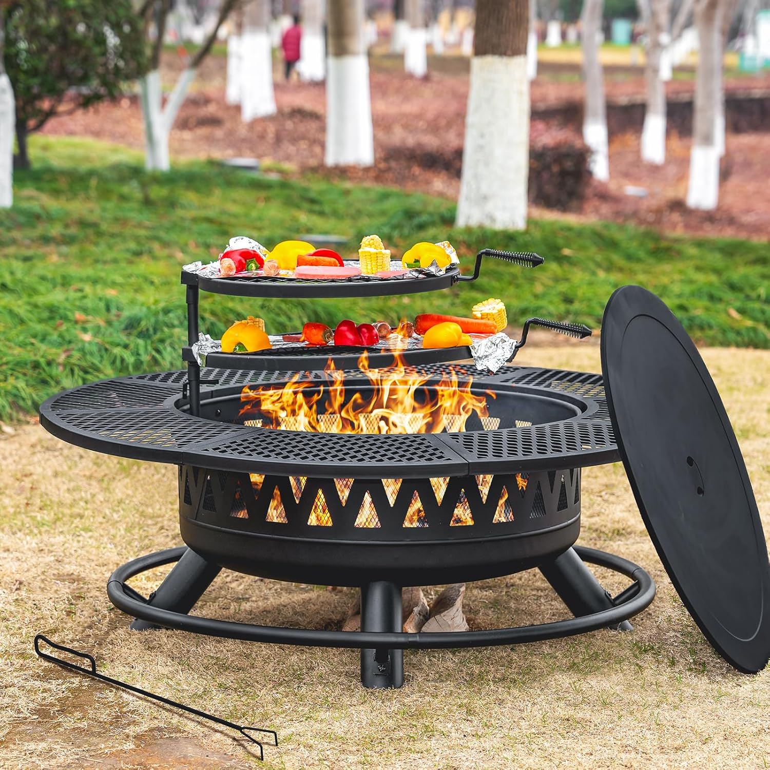 3d8847be301a324967878a0d76b6aef86512bcb8894779bdc818c08a5b397827 47 Inch Fire Pit with 2 Grills, Outdoor Extra Large Firepits for Outside, Wood Burning Fireplace for Camping,Picnic,Bonfire, 3-in-1 Round Metal...