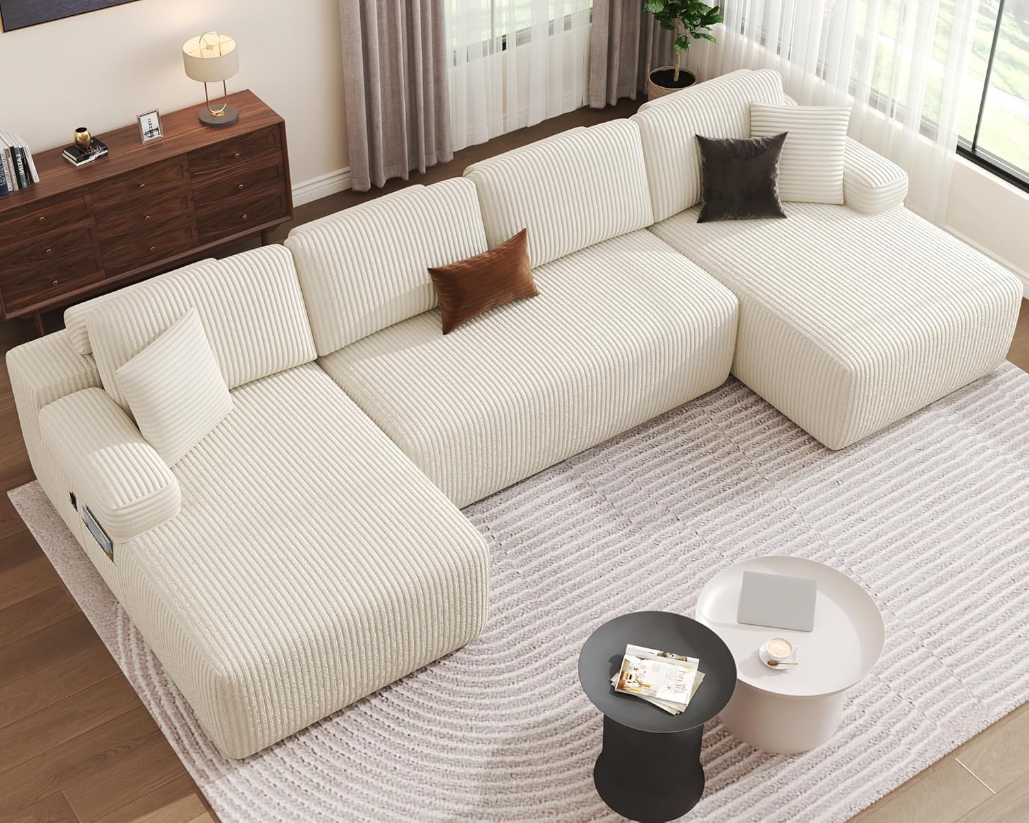 3de7f02fb901a5702e5df8ec424105e193d4f71cb42c0ee0448ab0328697efb6-1 126.2 inches, modular U-shaped deep-set sofa, thick velvet mattress sofa bed, suitable for living room, no assembly required (beige)
