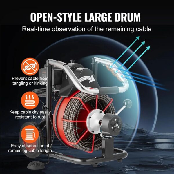 Drain Cleaner Machine 100FT x 1/2 Inch, Auto Feed Sewer Snake Auger on Wheels, 550W Portable Drain Cleaning Machine with 8 Cutters & Air-activated...