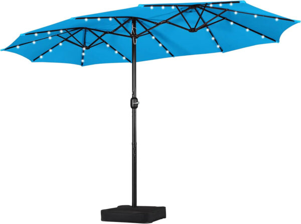 15 ft Large Patio Umbrella with Solar Lights Double-Sided Outdoor Rectangle Market Umbrellas with 36 LED Lights/Base Included/Easy Crank for Patio...