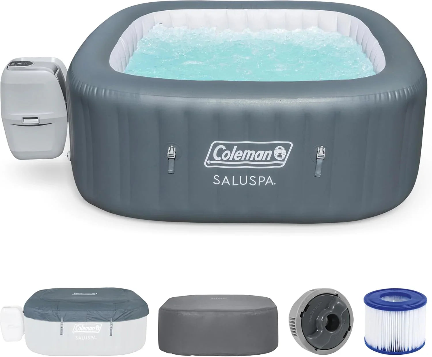 3f466f210f2832c8410d384e45aa1416a80c27ac8f3f641c609f2e99f3273b9a 4 to 6 Person Inflatable Hot Tub Square Portable Outdoor Spa with 114 Soothing AirJets and Insulated Cover, Gray-Coleman