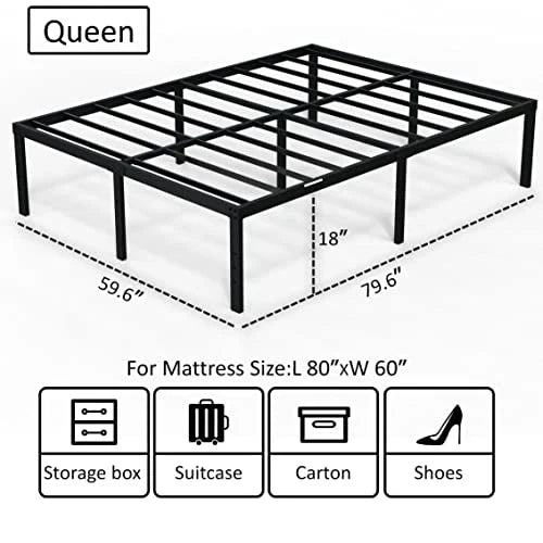 EMODA Queen Bed Frame No Box Spring Needed 18 Inch Heavy Duty Metal Tall Platform Bed Frame