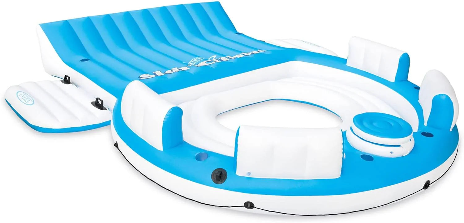 3fdee0bc89f9930175b0050f930ccfd60eb57b8bc67eabb7883a0600b286aaea 56299EP 145 x 125 x 20 Inch Splash N Chill Inflatable Lake and Pool Relaxation Island Lounger Seat for up to 7 Adults, Blue and White