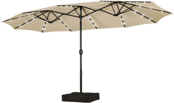 15 ft Large Patio Umbrella with Solar Lights Double-Sided Outdoor Rectangle Market Umbrellas with 36 LED Lights/Base Included/Easy Crank for Patio...