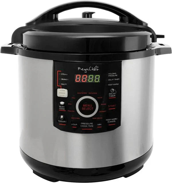 40ef207047227e5d21bf9dcc132c8f6feef608d0b5ec6e9a57043932957d2e93 12 Quart Digital Pressure Cooker with 15 Preset Options and Glass Lid, Silver