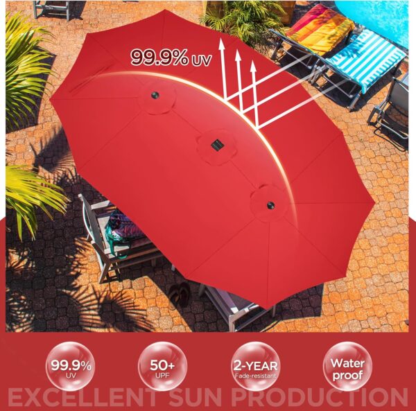 15 ft Large Patio Umbrella with Solar Lights Double-Sided Outdoor Rectangle Market Umbrellas with 36 LED Lights/Base Included/Easy Crank for Patio...