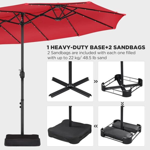 15 ft Large Patio Umbrella with Solar Lights Double-Sided Outdoor Rectangle Market Umbrellas with 36 LED Lights/Base Included/Easy Crank for Patio...