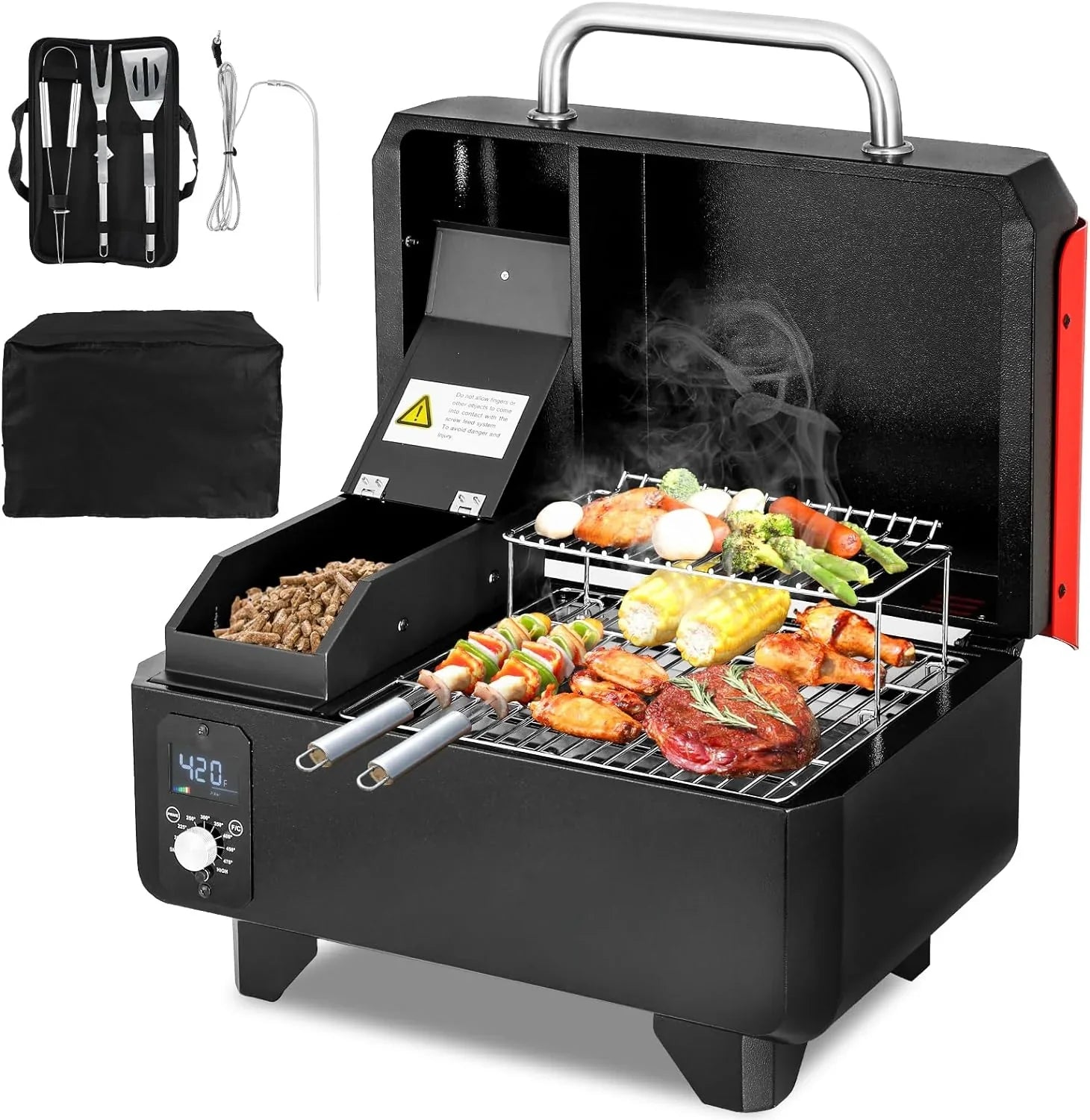 Portable Wood Pellet Grill and Smoker,Electric Outdoor 8 in 1 Tabletop Grills for RV Camping Tailgating RV Cooking BBQ, Intelligent Temperature...