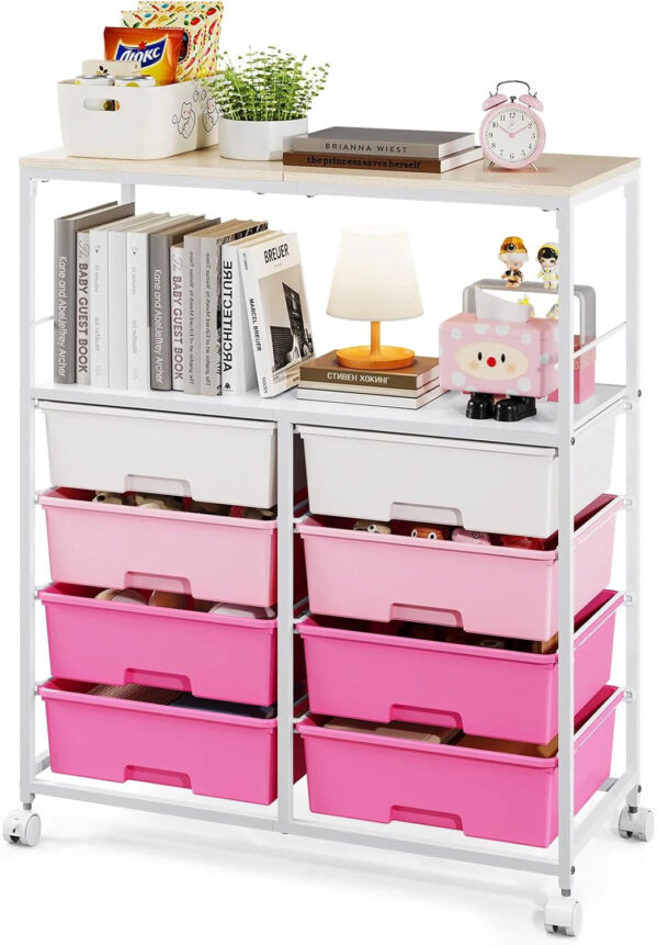 8-position drawer roller storage cart, equipped with a wooden top, a multi-functional practical storage cart with open shelves and lockable...
