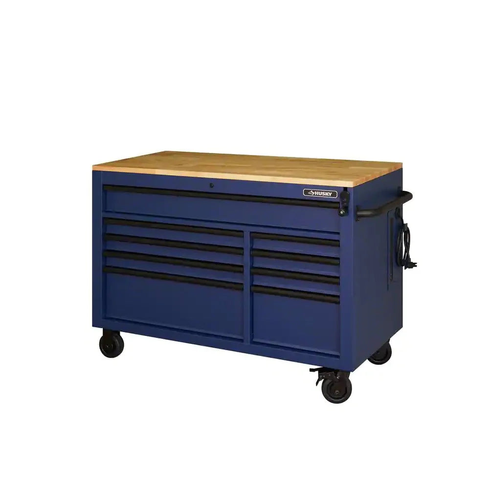 45e7d464fe808b6257701c67c3fd380b1c5ded96d5f993fddacf76de97881376 Heavy-Duty 52 in. 9-Drawer Mobile Workbench with Adjustable-Height Solid Wood Top in Matte Blue