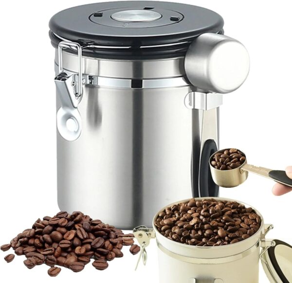 1.8 litre sealed coffee container, portable vacuum coffee storage container, stainless steel spoon with one-way exhaust valve, date tracker and...