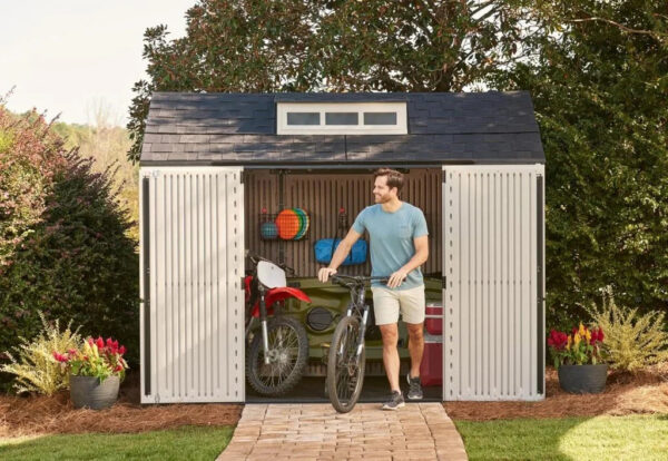 Rubbermaid Resin Outdoor Storage Shed With Floor (7 x 7 Ft) Weather Resistant Gray Organization for Home/Backyard/Garden Tools/Lawn Mower/Bike...