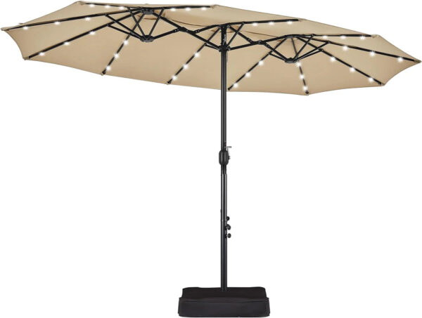 15 ft Large Patio Umbrella with Solar Lights Double-Sided Outdoor Rectangle Market Umbrellas with 36 LED Lights/Base Included/Easy Crank for Patio...