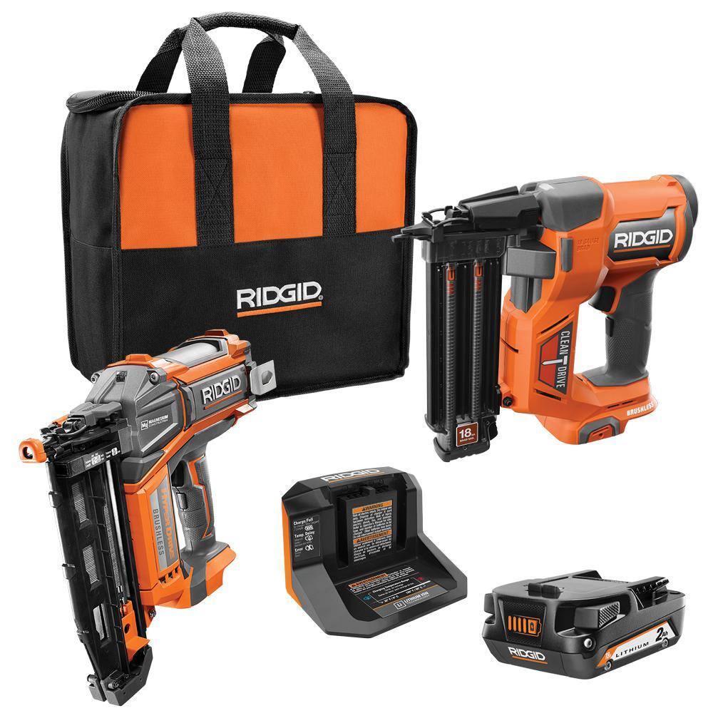 4ad8f3c7567a694aecab2a15686d7739c299072a34cfbe0ac6ddde89250e8959-1 RIDGID 18V Brushless Cordless Nailer Combo Kit with Brad & Finish Nailers, Battery & Charger