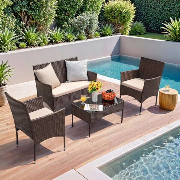 4 Pieces Patio Rattan Chair Wicker, Outdoor Indoor Use Backyard Porch Garden Poolside Balcony Furniture Sets (Red)