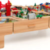 The dual-function wooden children's activity table with storage function, featuring 100 colorful components, tracks, trains, and cars, is a...