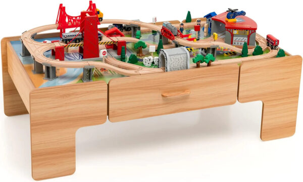 The dual-function wooden children's activity table with storage function, featuring 100 colorful components, tracks, trains, and cars, is a...