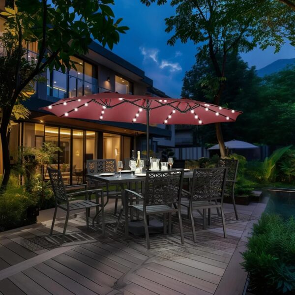 15 ft Large Patio Umbrella with Solar Lights Double-Sided Outdoor Rectangle Market Umbrellas with 36 LED Lights/Base Included/Easy Crank for Patio...