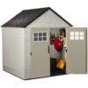 Rubbermaid 7 7 Ft Durable Weather Resistant Resin Outdoor Garden Storage Shed with Windows and Utility Hooks, Sand