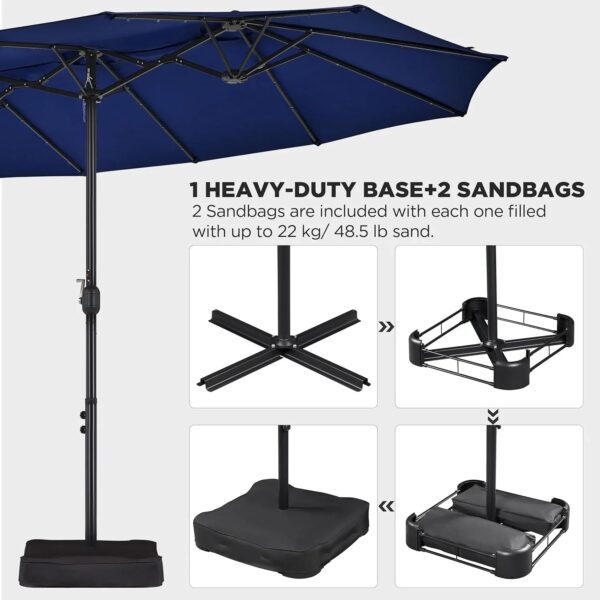 15 ft Large Patio Umbrella with Solar Lights Double-Sided Outdoor Rectangle Market Umbrellas with 36 LED Lights/Base Included/Easy Crank for Patio...