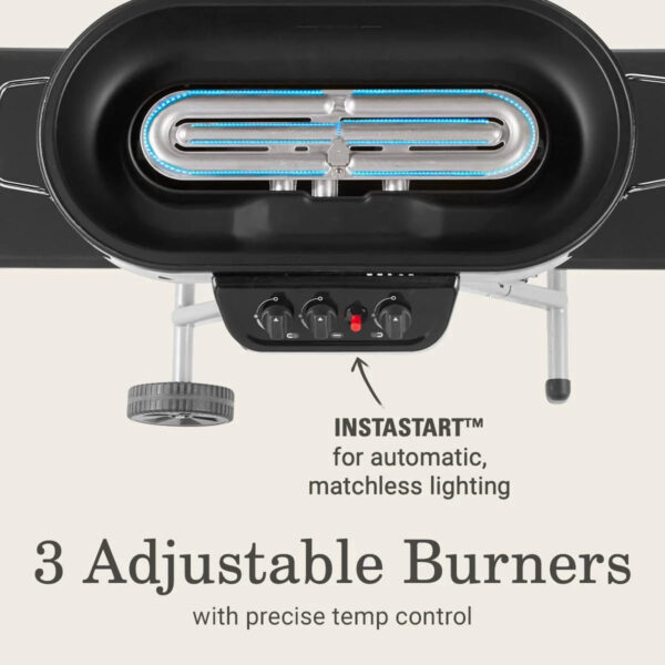 RoadTrip Portable Stand-Up Propane Grill with 3 Adjustable Burners & Instastart Ignition, 20,000 BTUs of Power for Outdoor Cooking