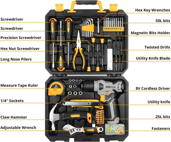 DEKOPRO Tool Set Tool Kit with 8V Cordless Drill,Tool Box with Drill,Hand Drill Set for Men & Women,Home Tool Kits for House Repair,Handyman,DIY...