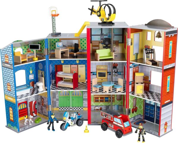 Wooden play set, 3 levels, with 26 accessories, folds for storage
