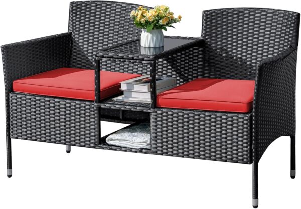 Flamaker Outdoor Furniture Patio Loveseat Wicker 2-Seat with Built-in Table and Cushions Rattan Porch Chairs Bench for Balcony, Lawn, Backyard (Beige)