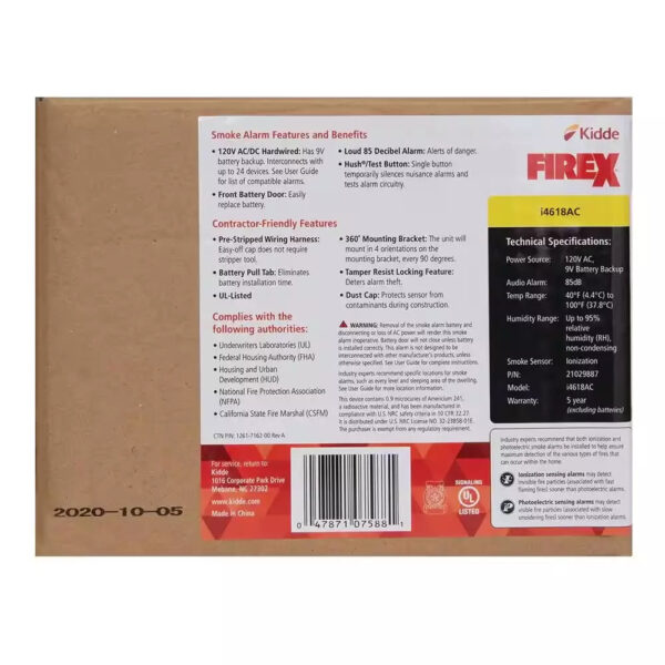 Pack Hardwired Smoke Alarm with Ionization Sensor, 120V AC, 9V Battery Backup