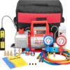 A single-stage rotary vane air vacuum pump with 110V, 1/3 horsepower and 4 cubic feet per minute, as well as an R134a AC manifold pressure gauge...
