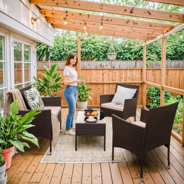 4 Pieces Patio Rattan Chair Wicker, Outdoor Indoor Use Backyard Porch Garden Poolside Balcony Furniture Sets (Red)