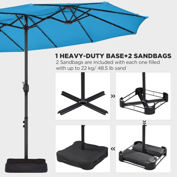 15 ft Large Patio Umbrella with Solar Lights Double-Sided Outdoor Rectangle Market Umbrellas with 36 LED Lights/Base Included/Easy Crank for Patio...