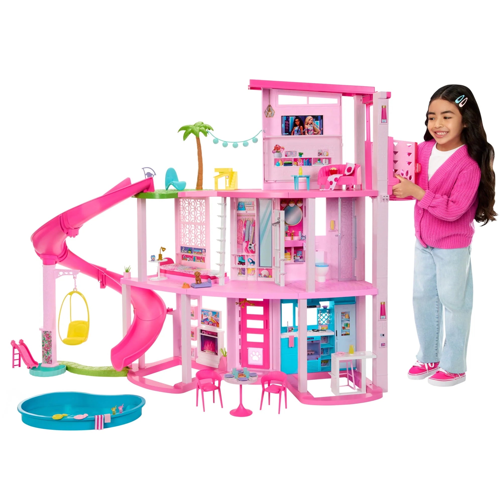 550a4ee4a1e565f06a9b6284086d3ccf25918461f17cd46883fa75d8f3dd9767 Barbie Dreamhouse Pool Party Playset with 3-Story Slide, 75+ Pieces, and Pet-Friendly Features