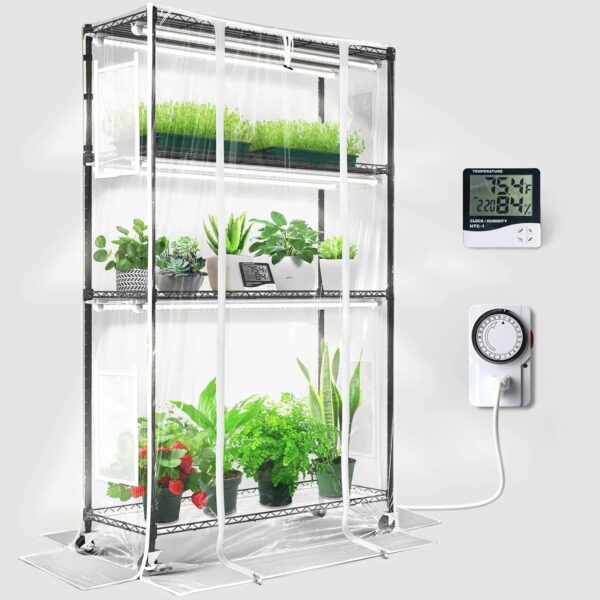 Barrina Mini Greenhouse with LED Grow Light for Indoor Plant, 4-Tier Portable Metal Plant Stand with Wheels, Plant Shelf with Tent, 6Pcs Plant...